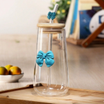 Drinking Glasses With Butterfly Clear BPA Free Glass Cup With Bamboo Lid and Straw 450ml - Image 2