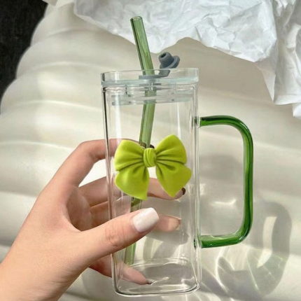 Square Glass Cup With Straw Handle Water Cups Heat Resistant Drinkware Glass Mug 400ml