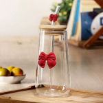 Drinking Glasses With Butterfly Clear BPA Free Glass Cup With Bamboo Lid and Straw 450ml