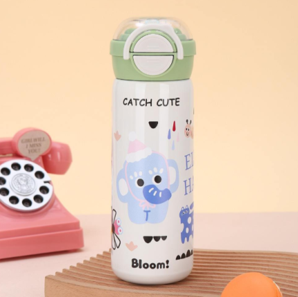 Cute Cartoon Bloom! Kids Thermos Water Bottle with Safety Lock & Push Button Cap 550ml